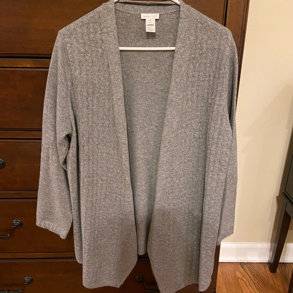 J Jill Cashmere Cardigan, gray, 3/4 sleeve, size Petite Large.